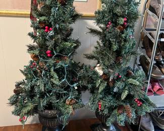 #105	Set of 2 Lighted Christmas Trees in a ceramic Urn (for front door) - 45" Tall	 $40.00 
