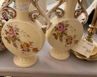 #164	Victoria rose painted vases pair 9 inch tall 	 $25.00 
