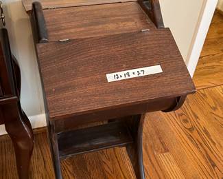 #88	Wood Sewing Box on legs w/lift-up top - 12x18x27 - Back flip-up top of off the hinge (needs screws)	 $55.00 
