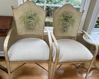 #35	Set of 2 metal Side Chairs w/painting of metal garden gate and roses 	 $60.00 
