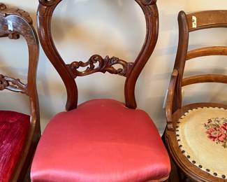 #8	silk seat carved back side chair 40 inch tall 	 $100.00 
