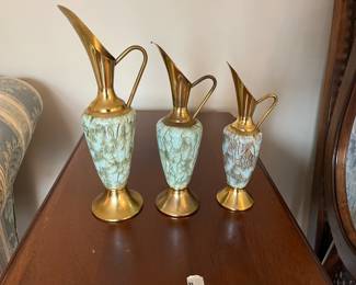 #177	Holland set of 3 pitcher  with green porcelain side and brass 	 $50.00 
