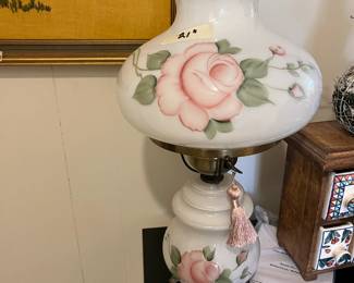 #102	Glass Base & Globe - 21" Tall - Hand-painted Roses w/brass base	 $75.00 
