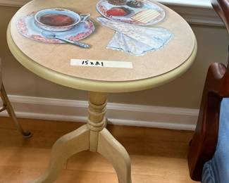 #34	Set of 2 - Pedestal Side Tables w/decal top (tea set) Laminate top, bottom wood - 15x21	 $60.00 
