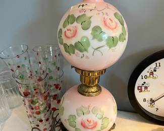 #116	Pink Floral Painted rose Base and Globe Lamp - 19" tall	 $100.00 
