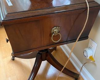 #30	Brandt Mahogany Furn. End table w/2 drawers w/lion brass handles on side on wheels - 20x20x26 (as is finish)	 $300.00 
