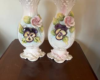 #179	hand painted pair of rose sculptured side vases 10 inches tall by Royal Sealy 	 $20.00 
