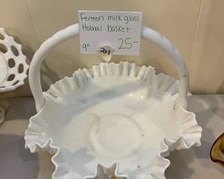 
#211	Fenton milk glass Hobnail Basket 9 inch 	 $25.00 
