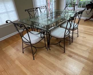 #38	Heavy Metal Beveled  Glass Table (1/4" thick) w/brass accents w/6 chairs - 72x44x30	 $275.00 
