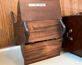 #88	Wood Sewing Box on legs w/lift-up top - 12x18x27 - Back flip-up top of off the hinge (needs screws)	 $55.00 
