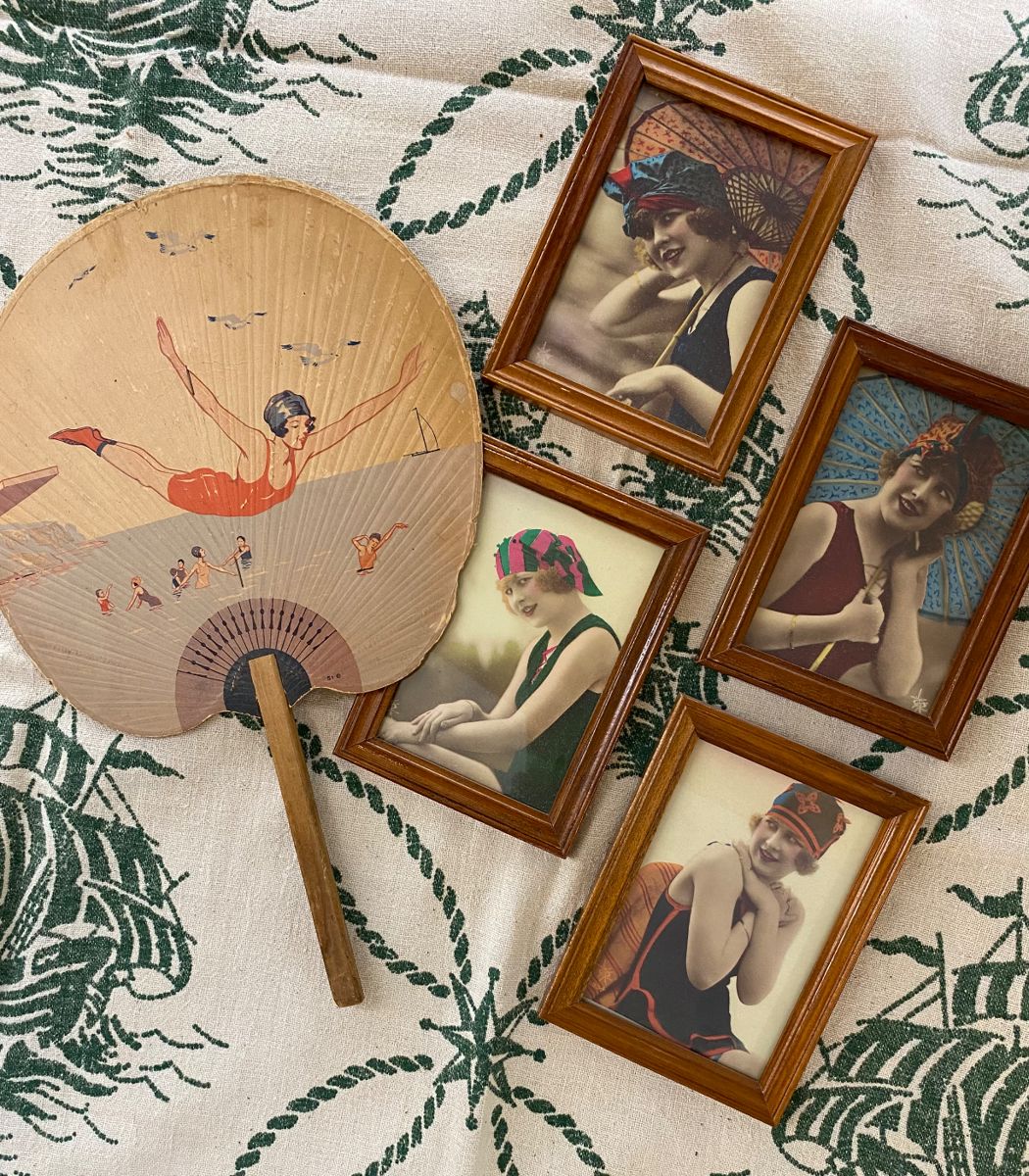 Set of small framed bathing beauty prints, vintage bathing beauty paper fan advertising Eagle Stamps on reverse