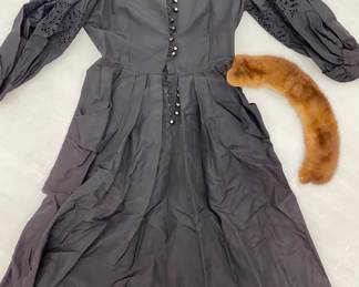 Antique black dress with rhinestone buttons & antique fix fur collar