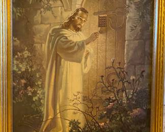 44”x34” Large framed vintage print, Jesus knocking on the door, Revelation 3:20