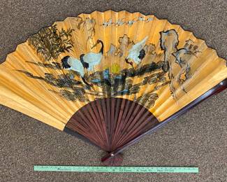 Large wood & paper fan with Asian art