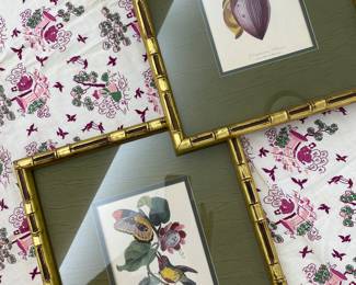 Pr. of double matted w/faux bamboo frames, birds & flowers