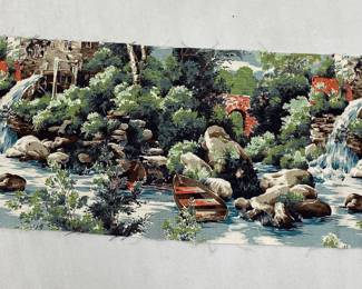 Vintage barkcloth remnant, waterfall with boats 