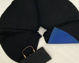 Antique black wool caplet with blue lining,
vintage evening bag