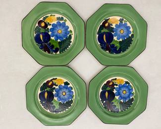 4 octagonal green hand-painted plates 