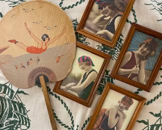 Set of small framed bathing beauty prints, vintage bathing beauty paper fan advertising Eagle Stamps on reverse
