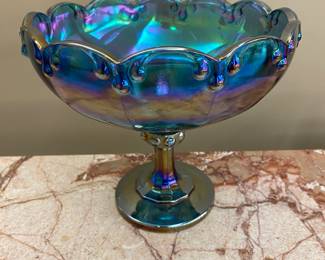 Vintage blue carnival glass candy dish