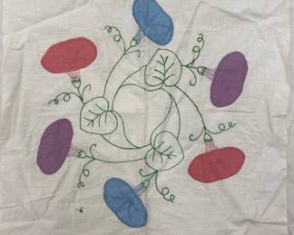 Vintage embroidered morning glories on white cotton