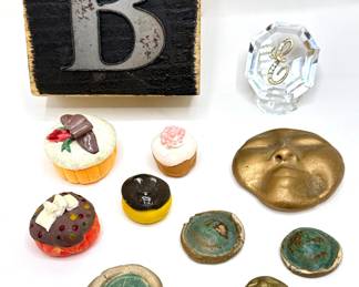 6 Handmade Buddha Zen Luck Tokens, Letterpress Stamp, Crystal "E" & 4 Hand Made Miniature Cakes
Lot #: 157