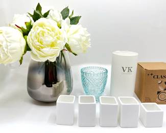 2 New Candles, Condiment Holders, Votive Holder & Silk Peonies Flowers In Glass Vase From Barneys New York
Lot #: 80