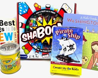 For Kids: New In Box Shaboom Game, Guides To New York & DC, Pirate Ship Kit & New Crayola Crayon Set
Lot #: 153
