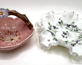 Vintage Milk Glass Ruffled Candy Bowl & Sylva England Ceramic Basket
Lot #: 79