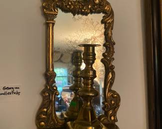 Antique Baroque Style Mirror Shelf, Antique Brass Candlesticks from 1790's