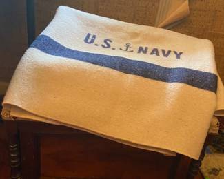 Vintage Faribault U.S. Navy Blanket, Antique Small Trunk