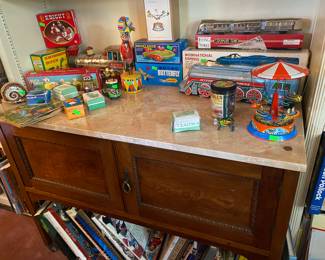 Marble Top Small hutch, vintage tin toys