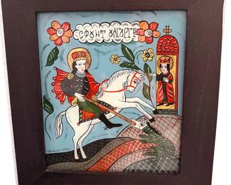 Romanian St George + the Dragon iconography, paint on glass
