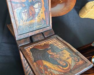 Ethiopian wooden tabletop book holder, painted and carved