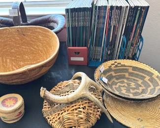 Assorted Native American + Latin American baskets; American Indian Art magazines