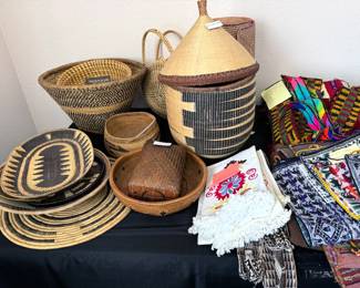 Rwandan and various international baskets; assorted international textiles