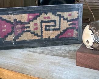 Antique textile lidded box; tagua nut decor