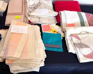Assortment of table linens, some vintage, including placemats + napkins from Madeira Islands