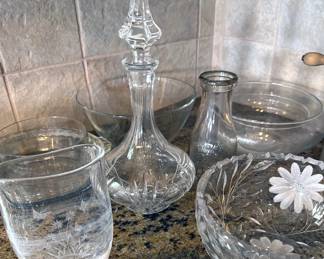 Various cut crystal bowls + vases