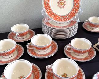 Staffordshire Myott Medici dishware in orange (10 cups/saucers and dessert plates)