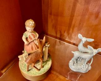 Rare Find Refuge Swiss Musical Movement Girl w/ Deer & Roselane Pottery Elegant Pair of Deer Figurine 