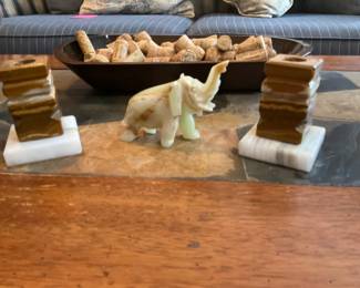 Hand Carved Onyx Trunk Up Elephant Statuette & Candle Holders