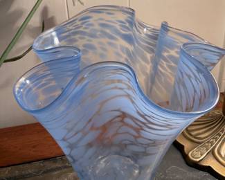 Hand Blown Art  glass  fluted vase blue and clear spatter handkerchief hanky ruffled