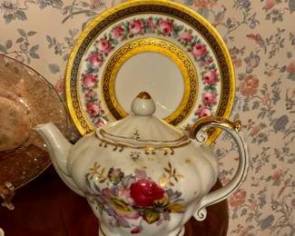 Vintage porcelain music box, teapot, floral with gold trim