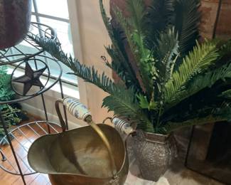 Antique copper brass coal scutter bucket with ceramic handles