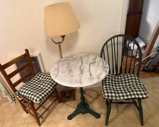 MARBLE TOP TABLE TWO CHAIRS AND LAMP