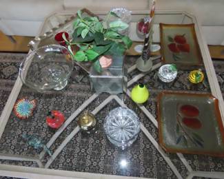 Glass decorative plates, lead crystal cany jar, glass bowls and apple paperweights.