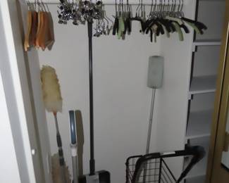 Shark rechargeable vacuum, Swifters, shopping/laundry cart, hangers and cleaning supplies.
