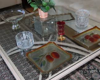Glass decorative plates, lead crystal cany jar, glass bowls.