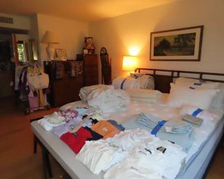 King and queen size bed linens. Sweaters and tee shirts.
